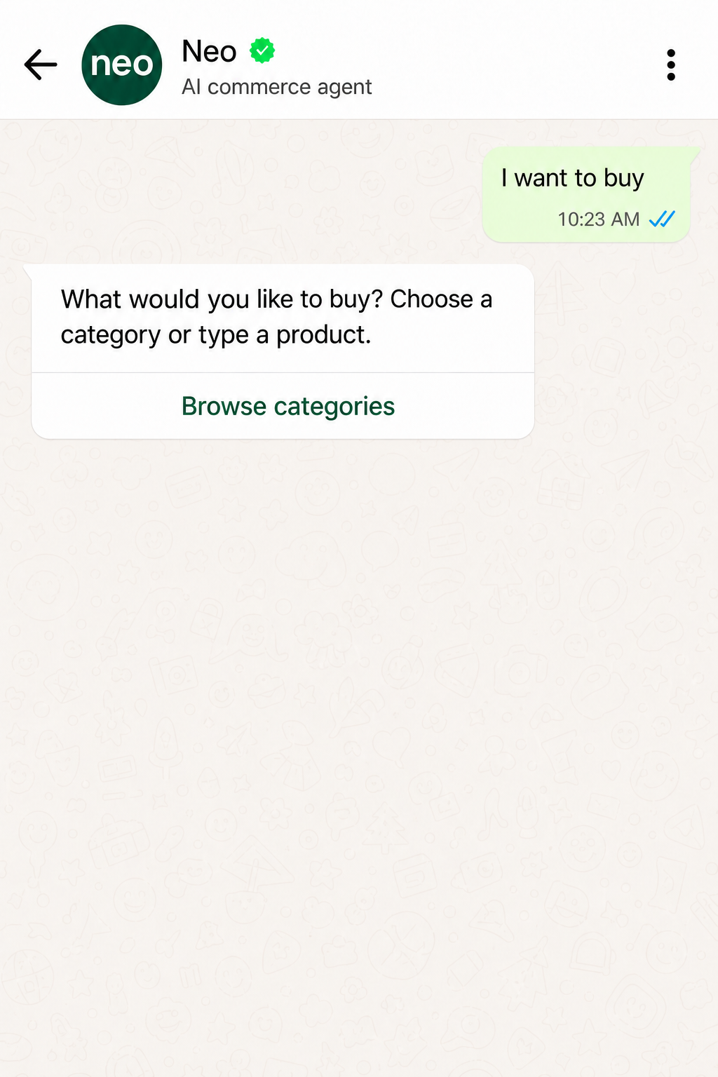 Buyer starts shopping and Neo responds with a native WhatsApp category list.